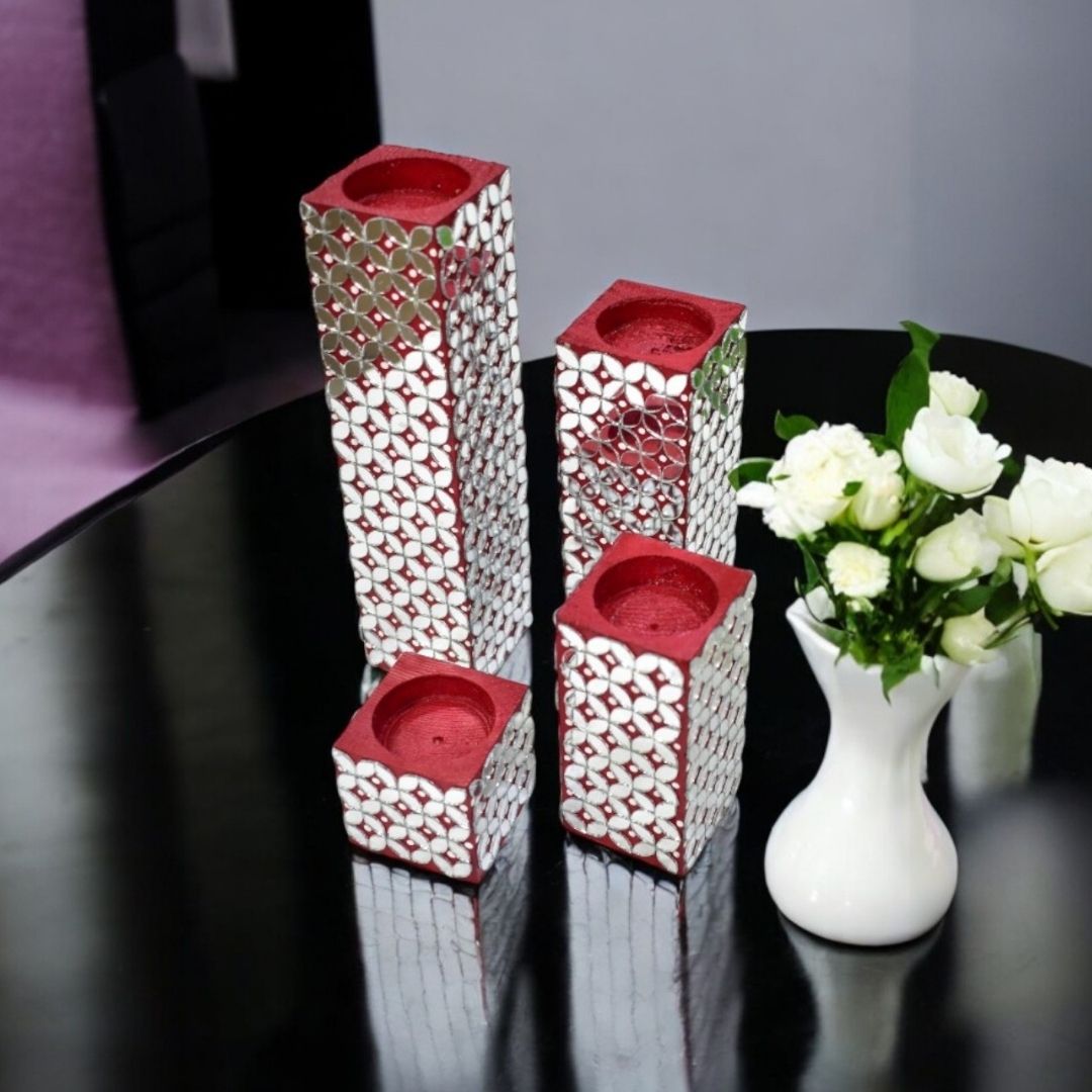 Wooden Candle Holder Set – 4 Red & Silver Tea Light Holders on Wooden Base, Modern Home Décor, Christmas Centerpiece, Handmade Gift