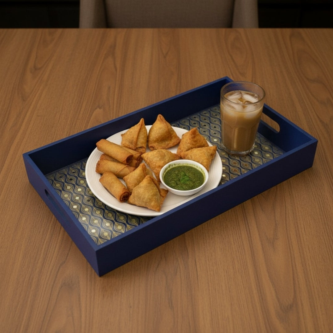 Handcrafted Moroccan Tray Set – Blue & Gold Resin Mirror Trays (Set of 3)