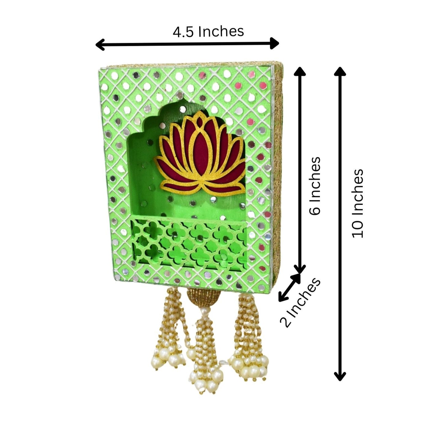 Decorative item with a lotus design and measurements on a white background