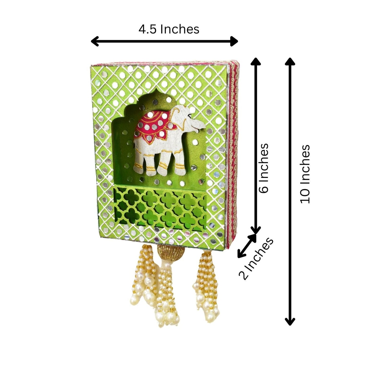 Green decorative box with a white elephant design, measurements indicated, on a white background