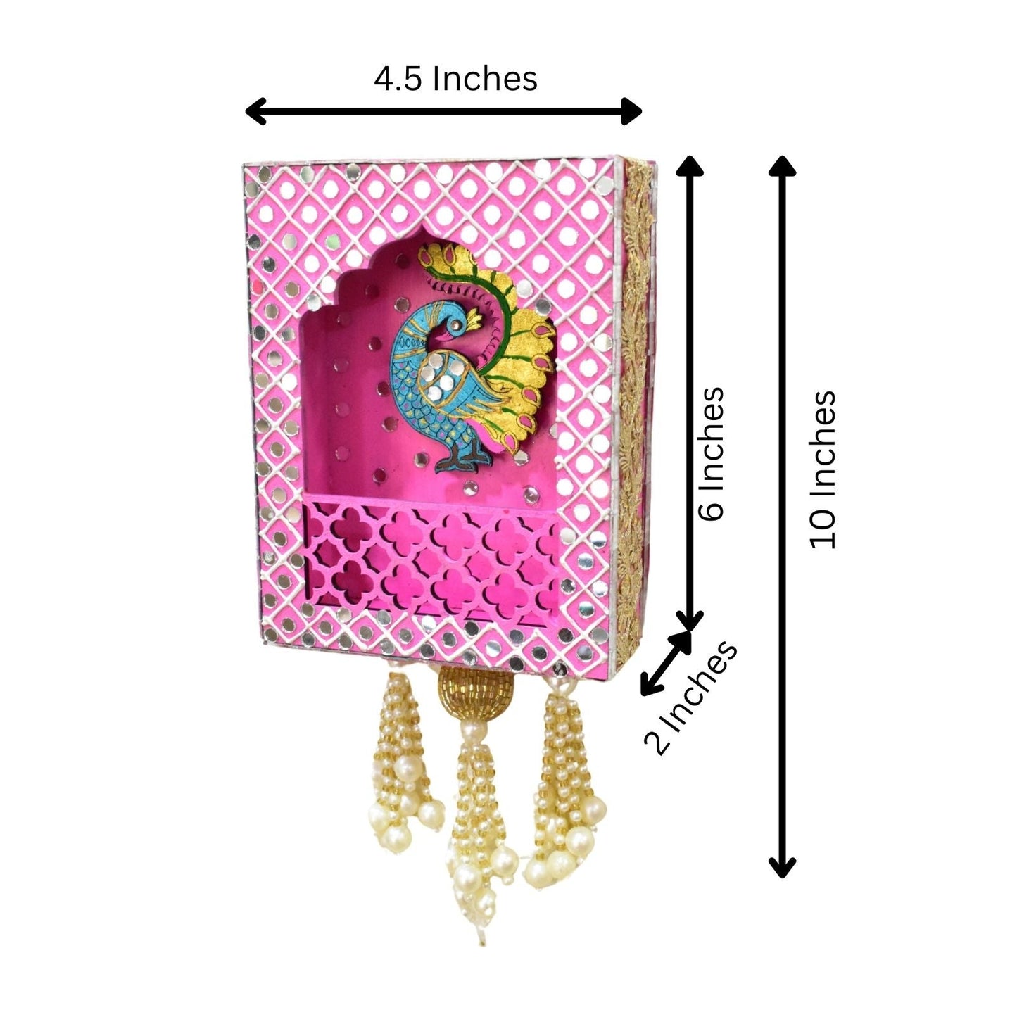 Decorative item with peacock design and measurements on a white background