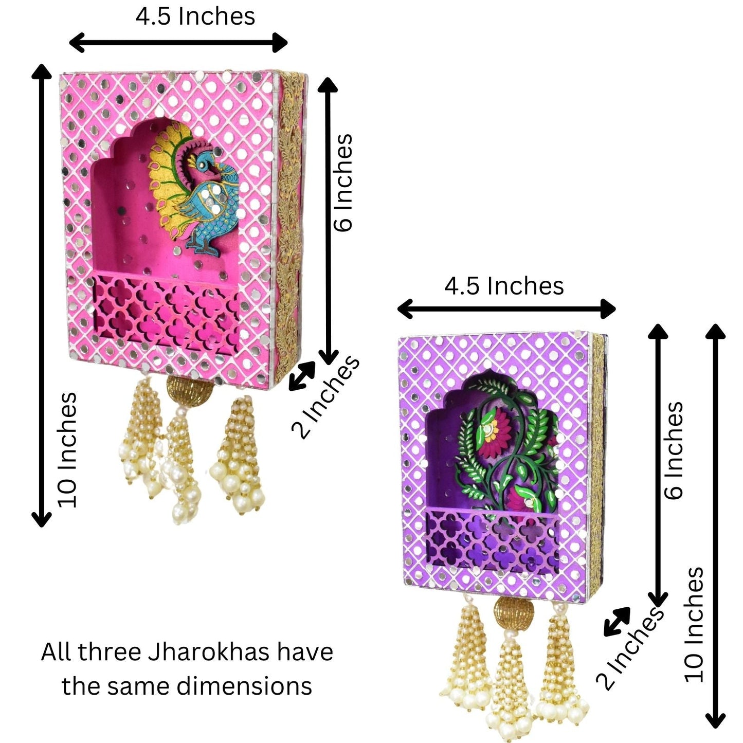 Dimensions of Jharokhas with decorative elements and pearl decorations.