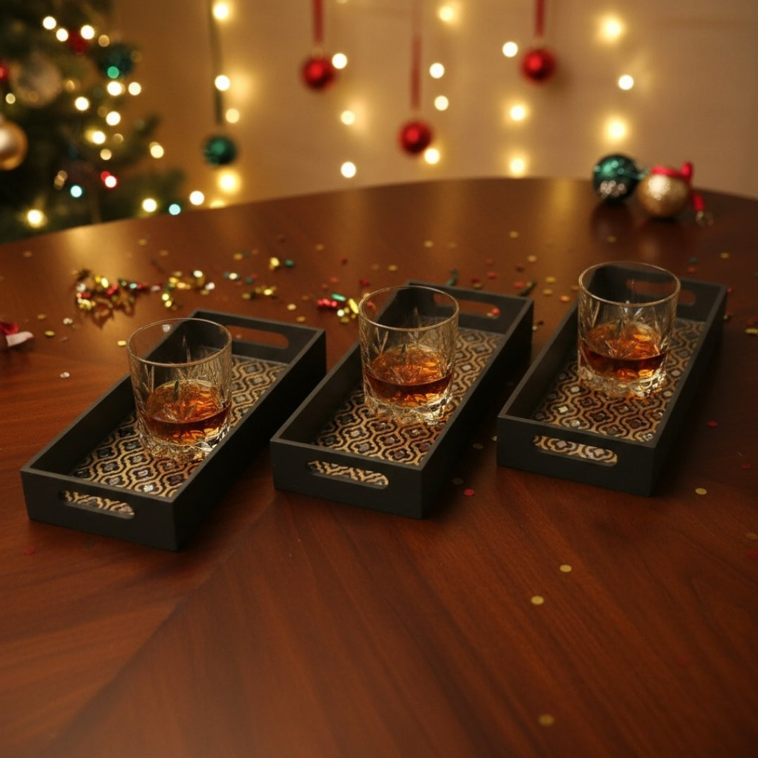 Handcrafted Moroccan Tray Set – Black & Gold Resin Mirror Trays (Set of 3)