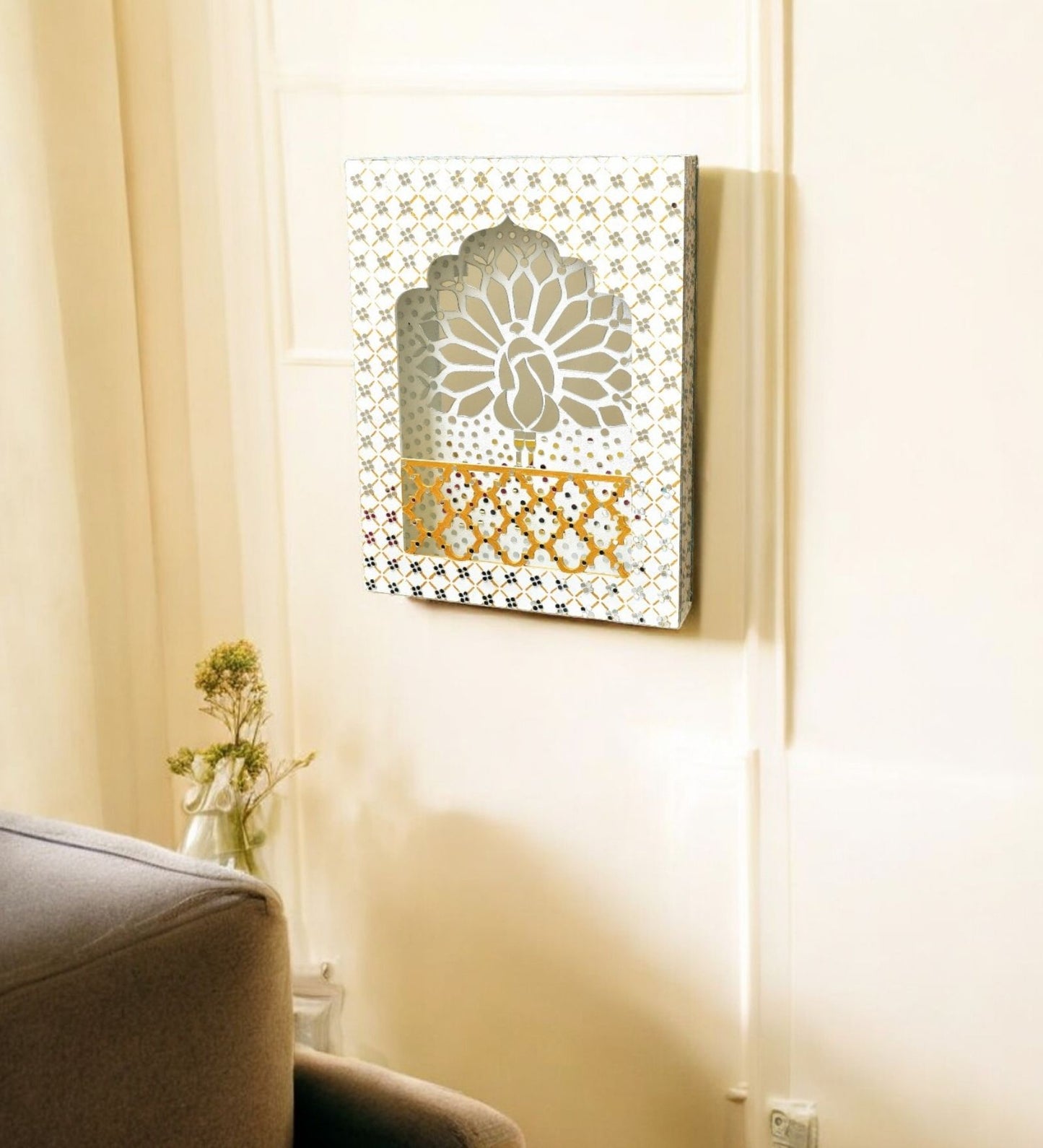 Handcrafted LED Backlit Wall Jharokha with Peacock Mirror Art