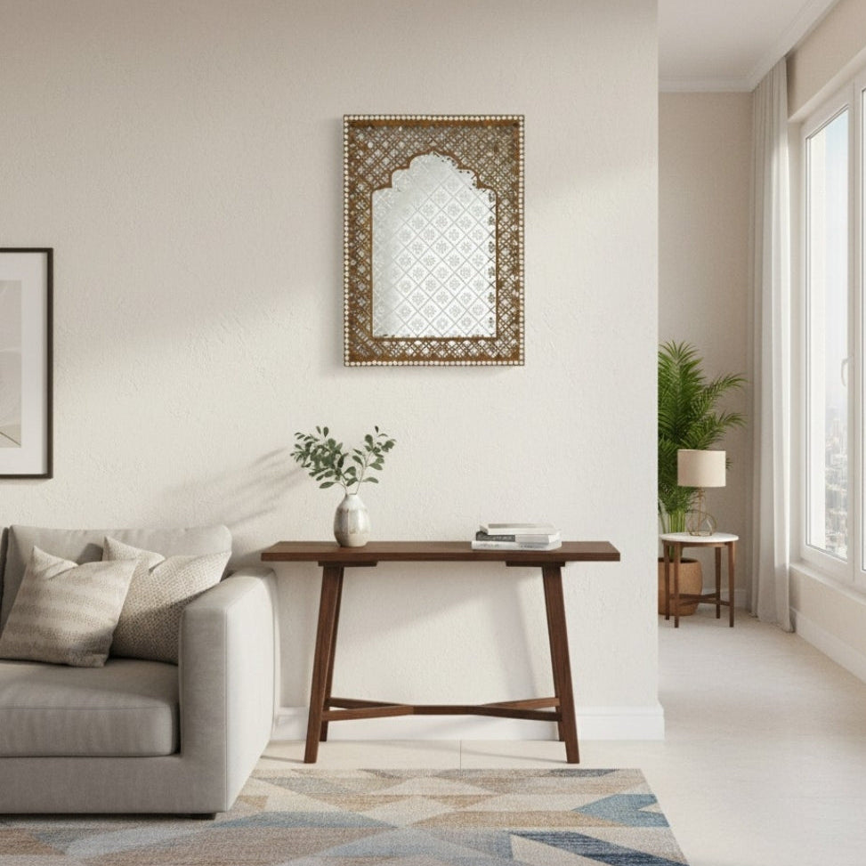 Brown decorative jharokha wall hanging in a modern living room with a gray sofa, wooden coffee table.