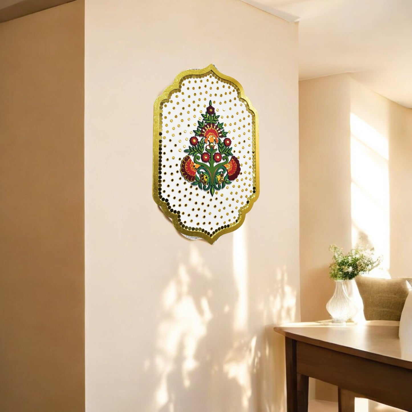 Decorative wall art with a floral design on a white background, placed on a beige wall.