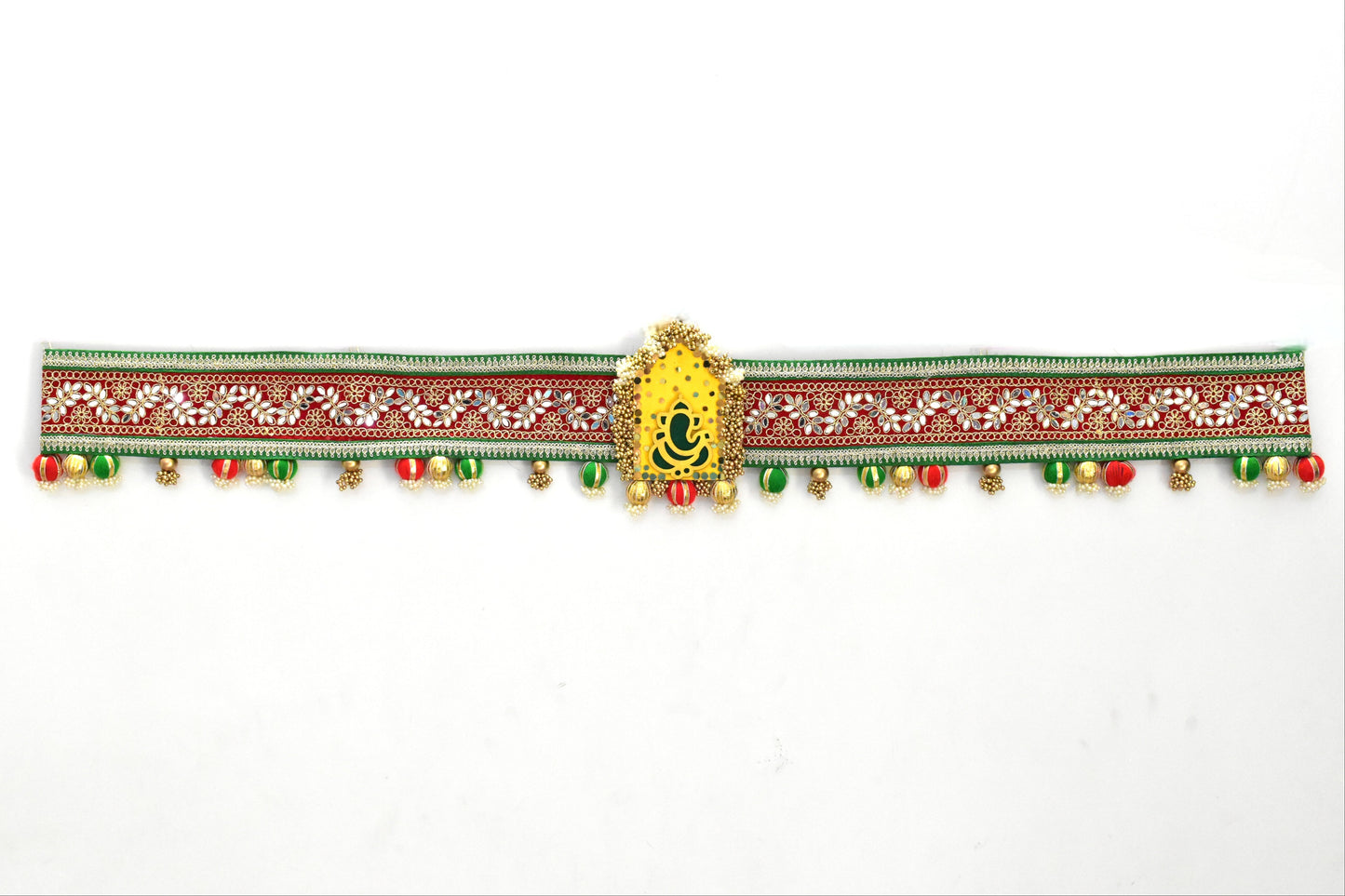 Decorative ganesha toran with green and red patterns and colorful beads on a white background