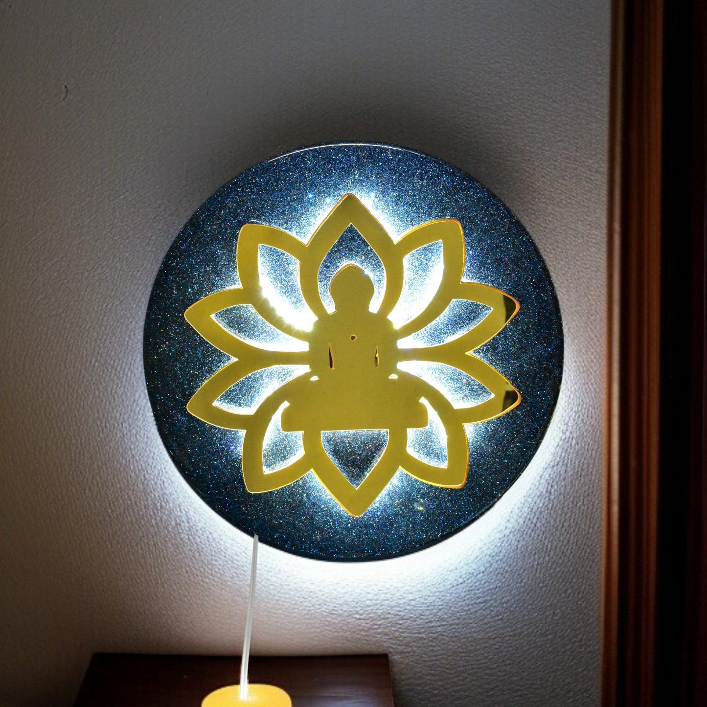 LED Backlit Mahavir Wall Art | Jain Decor with Lotus Design | Spiritual Home Accent