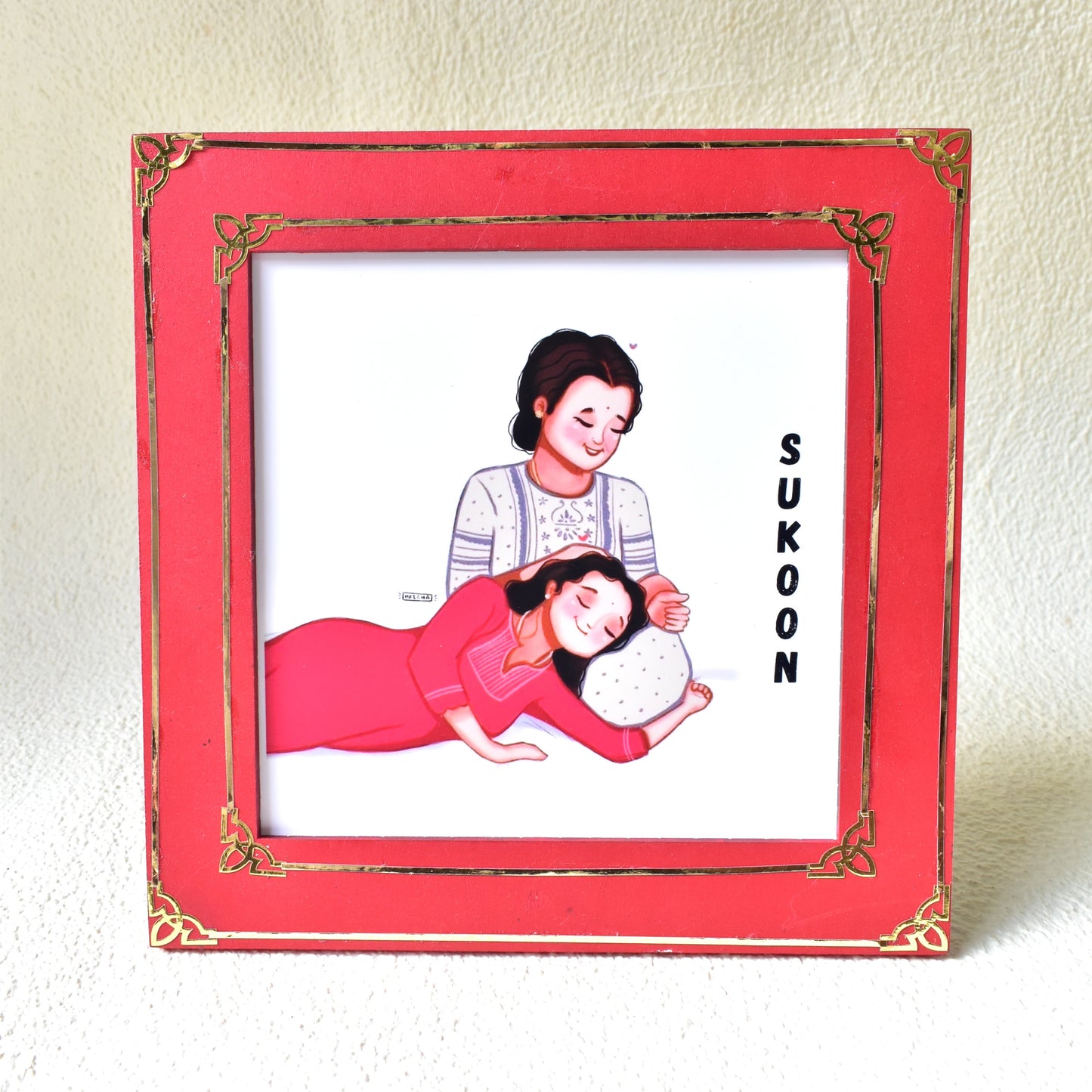 Handcraft Red Flowers Bouquet & Sukoon Message Frame Hamper | Mother's Day Gift | Miraayaa