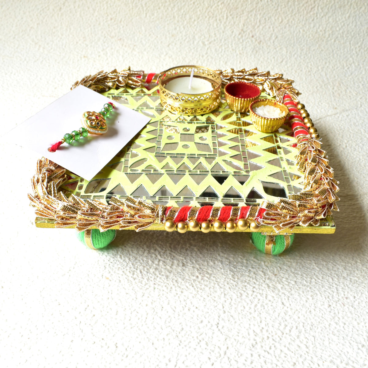 Handcrafted Yellow Mirror Rakhi Platter - Square | Raksha Bandhan Thali & Gift Set