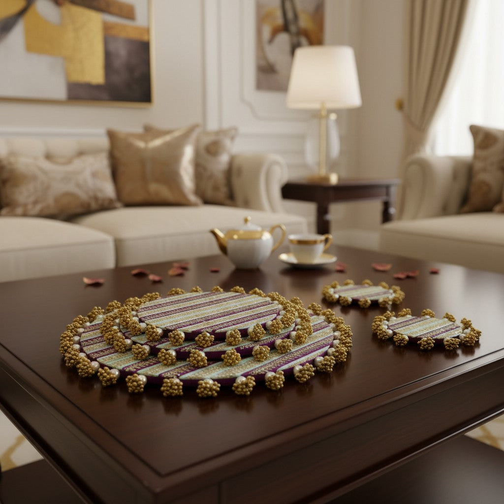 Luxury Purple & Gold Decorative MDF Platter Set for Pooja, Wedding & Festive Home Decor | Set of 5
