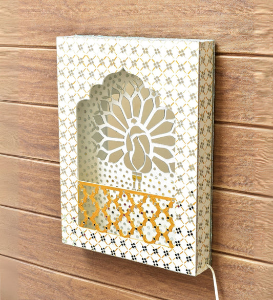 Handcrafted LED Backlit Wall Jharokha with Peacock Mirror Art