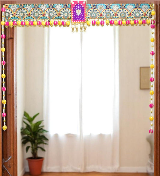 Lotus Charm Mirror Work Toran - Auspicious Floral Door Hanging for Festive Home Decor