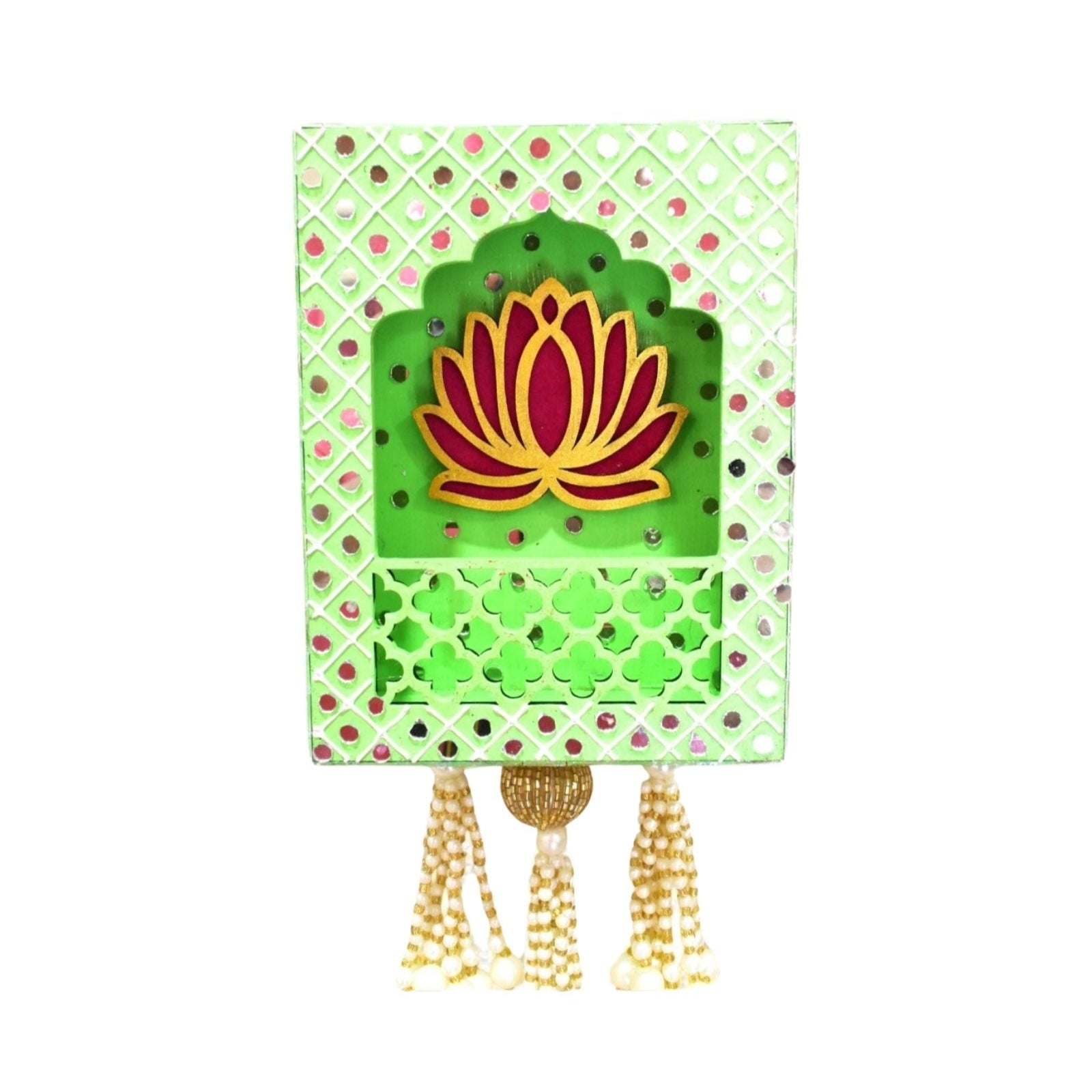 Decorative item with a lotus design on a green background