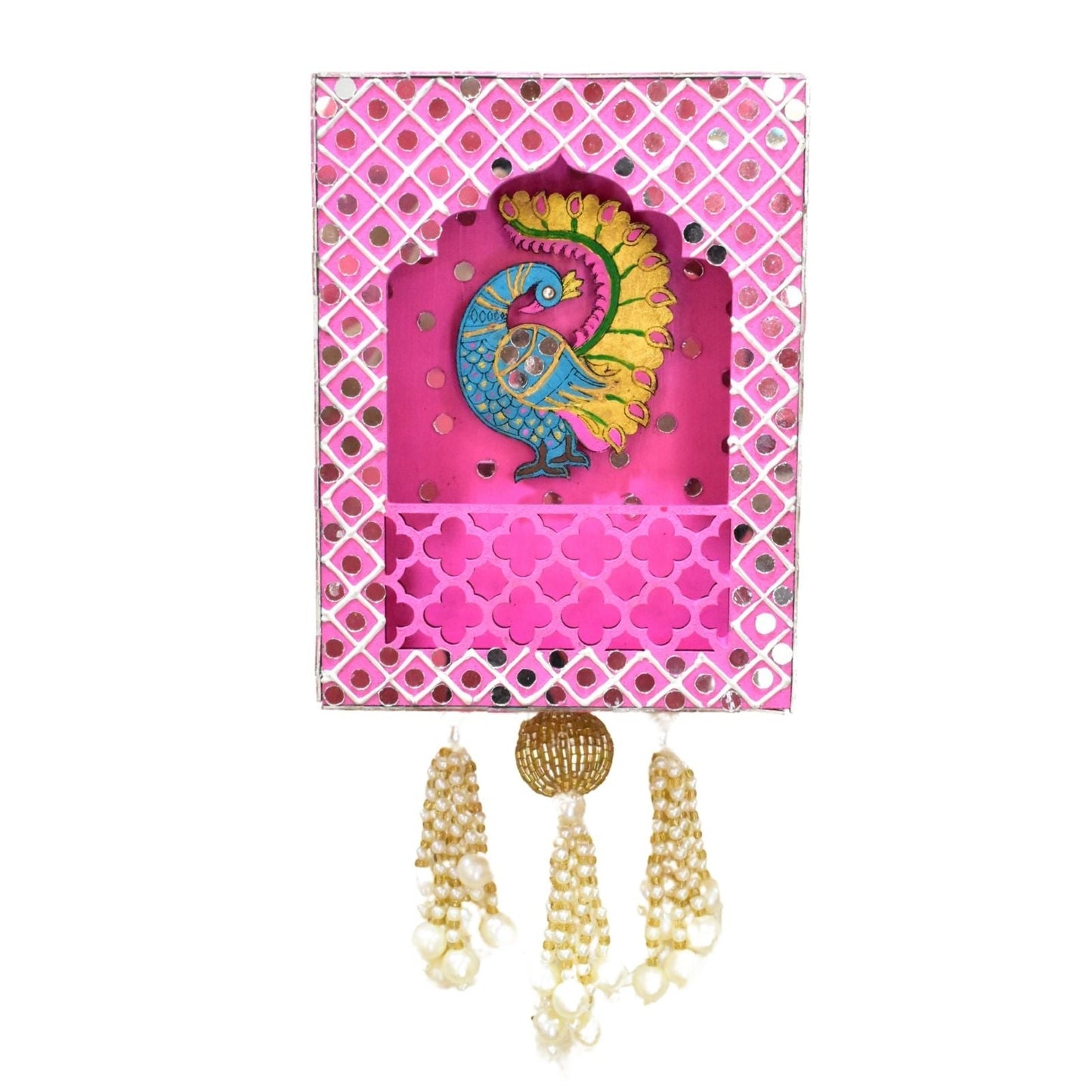 Decorative wall hanging with peacock design in a pink box on a white background
