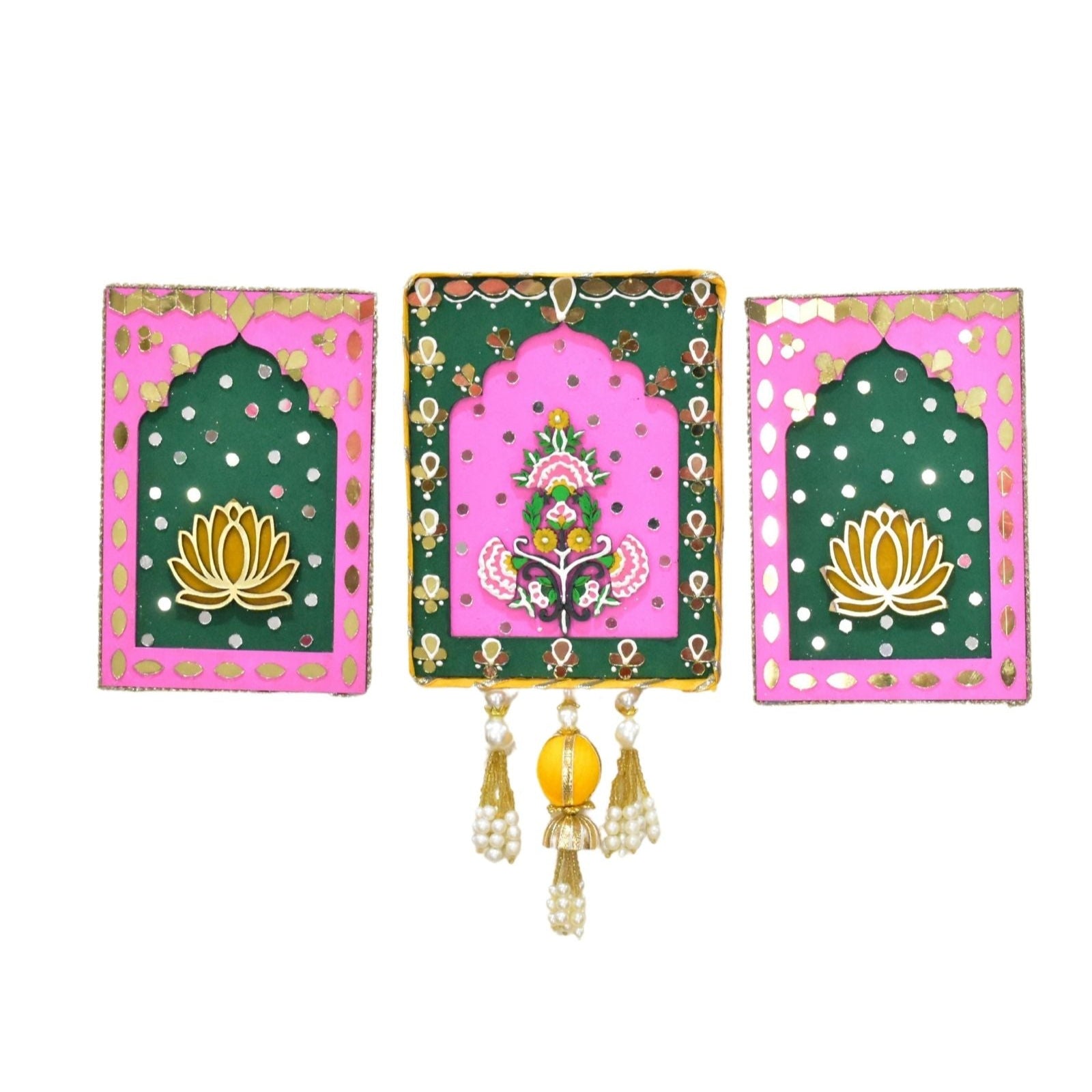 Set of three decorative wooden plaques with floral designs and tassels on a white background