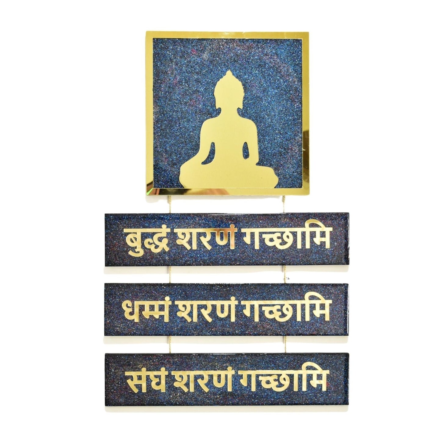 Decorative wall art with gold Buddha silhouette and buddha mantra on a blue background