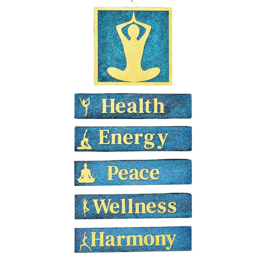 Set of blue and gold yoga-themed signs with poses and words on a white background