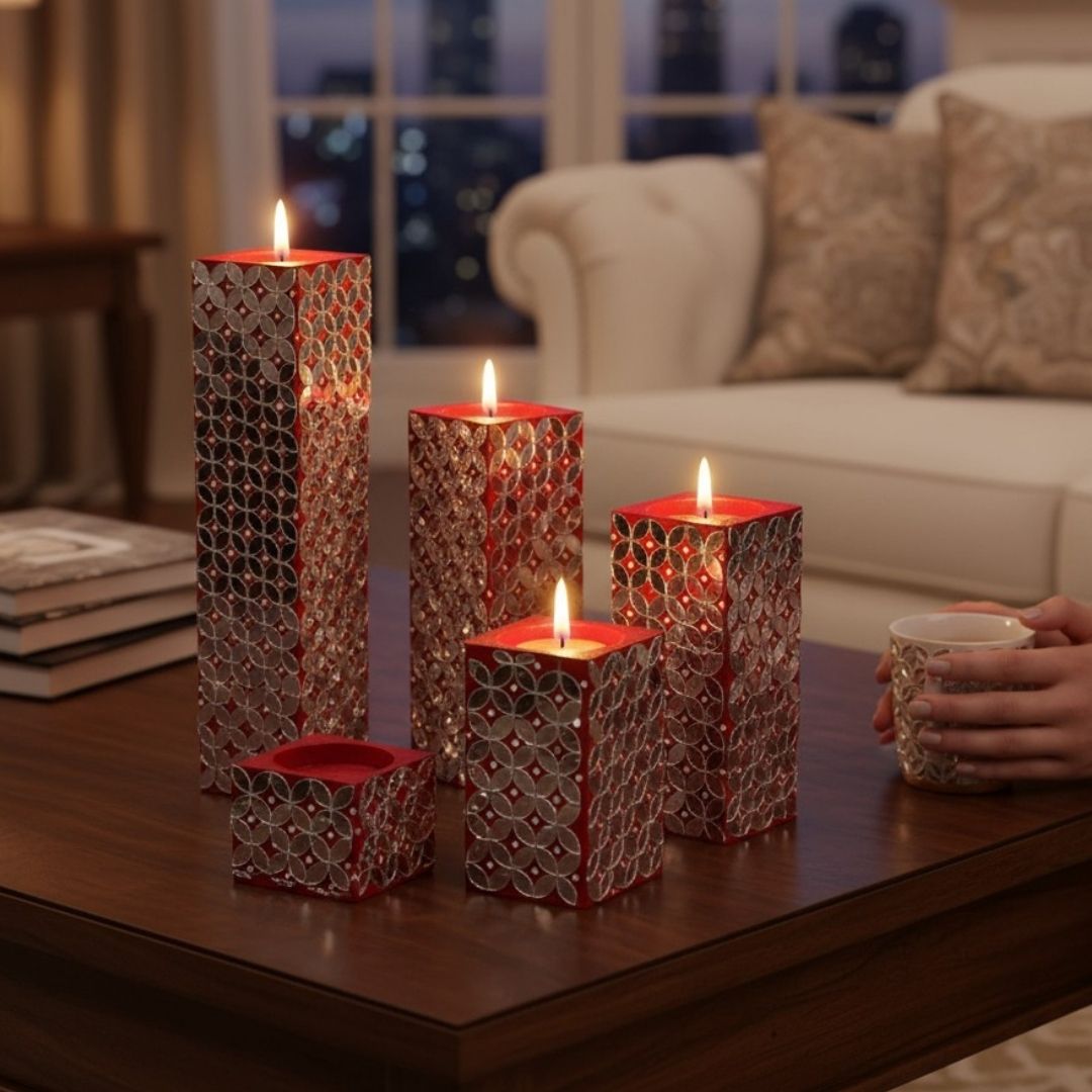 Wooden Candle Holder Set – 4 Red & Silver Tea Light Holders on Wooden Base, Modern Home Décor, Christmas Centerpiece, Handmade Gift