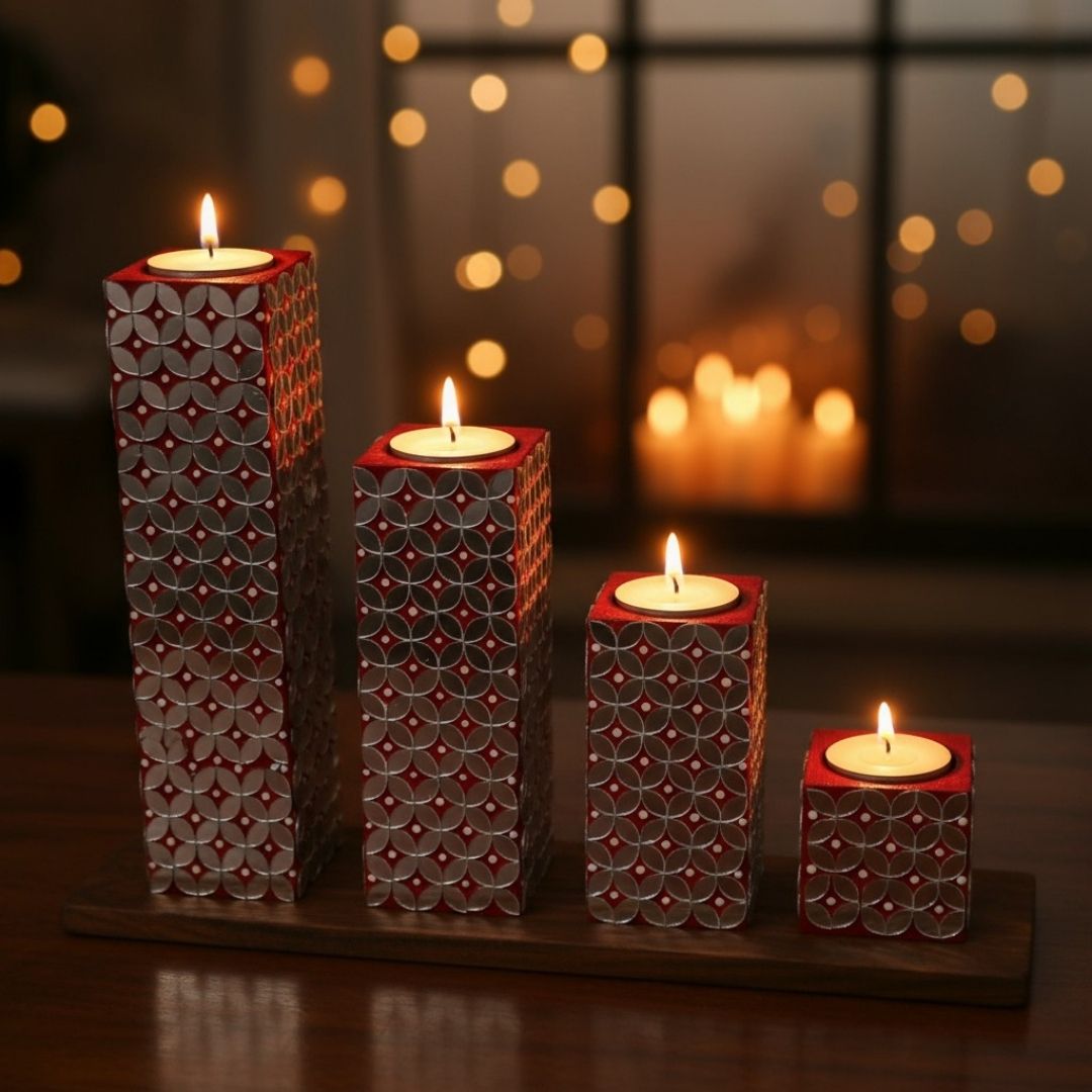 Wooden Candle Holder Set – 4 Red & Silver Tea Light Holders on Wooden Base, Modern Home Décor, Christmas Centerpiece, Handmade Gift