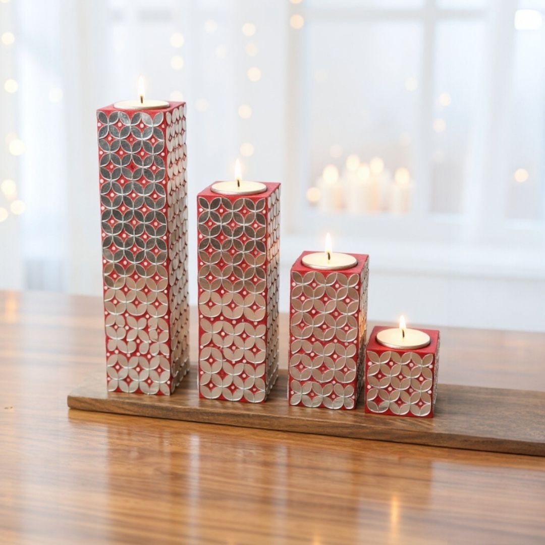 Wooden Candle Holder Set – 4 Red & Silver Tea Light Holders on Wooden Base, Modern Home Décor, Christmas Centerpiece, Handmade Gift