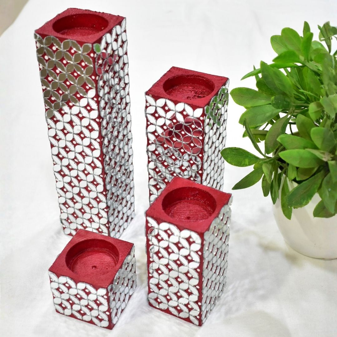 Wooden Candle Holder Set – 4 Red & Silver Tea Light Holders on Wooden Base, Modern Home Décor, Christmas Centerpiece, Handmade Gift