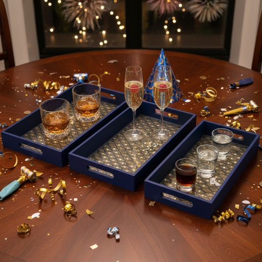 Handcrafted Moroccan Tray Set – Blue & Gold Resin Mirror Trays (Set of 3)