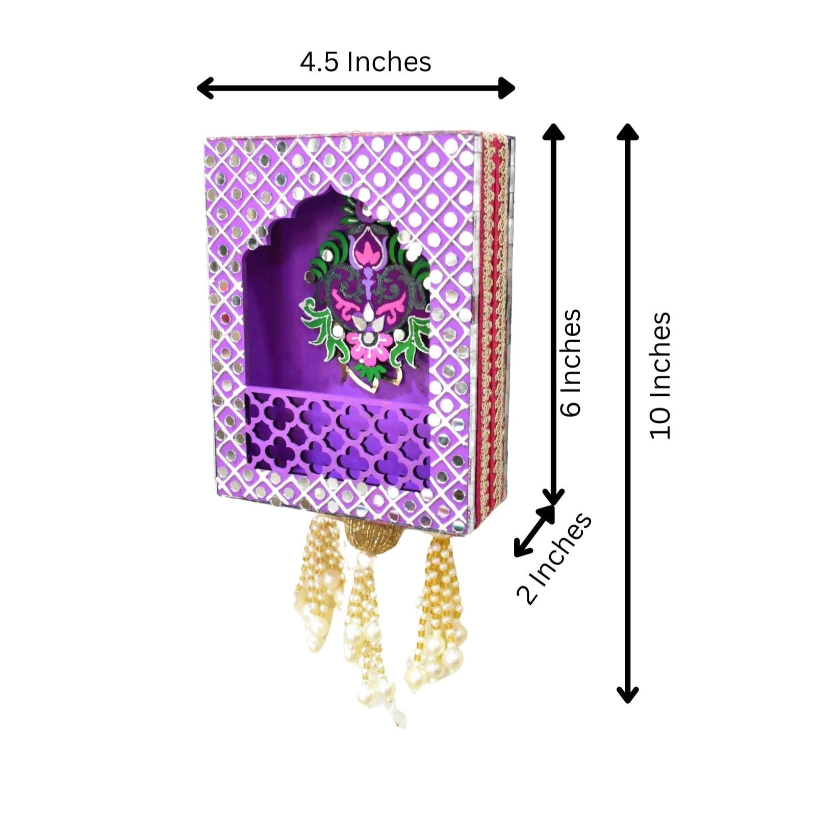 Decorative box with peacock design and measurements on a white background