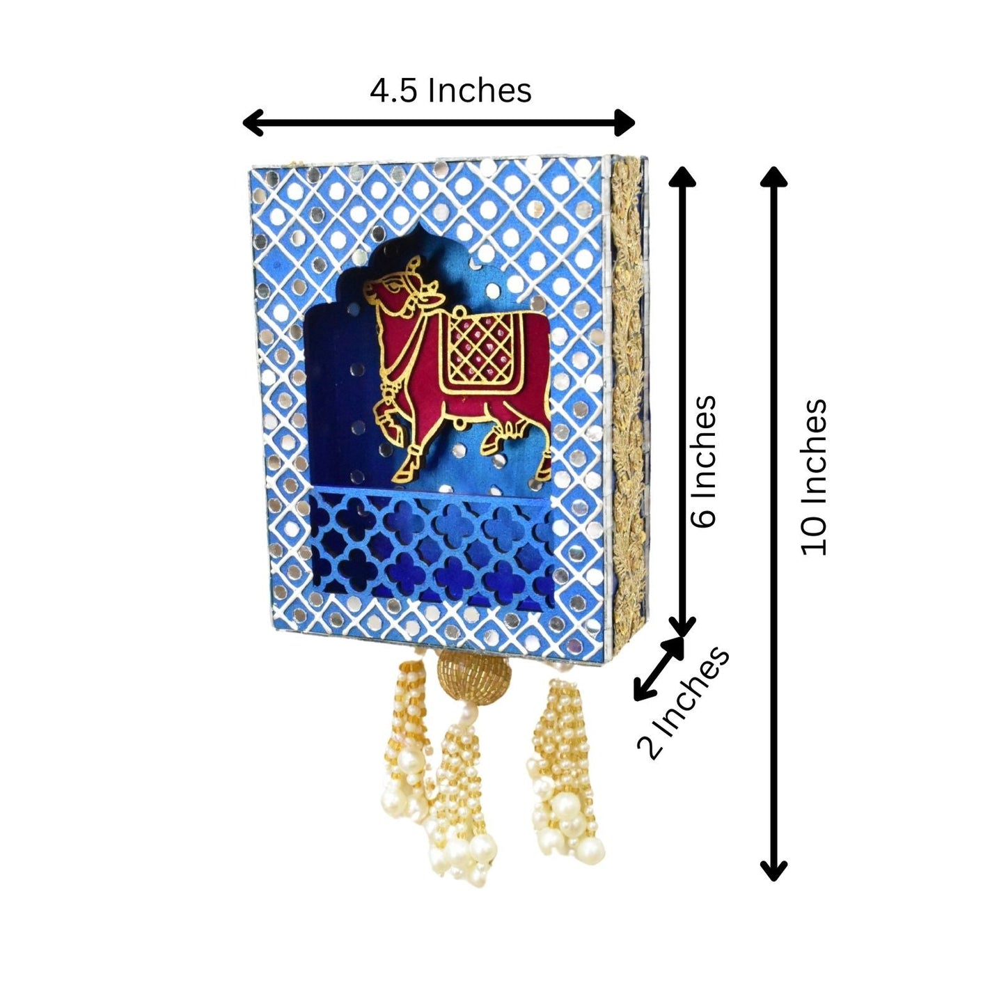 Decorative item with cow design and measurements on a white background