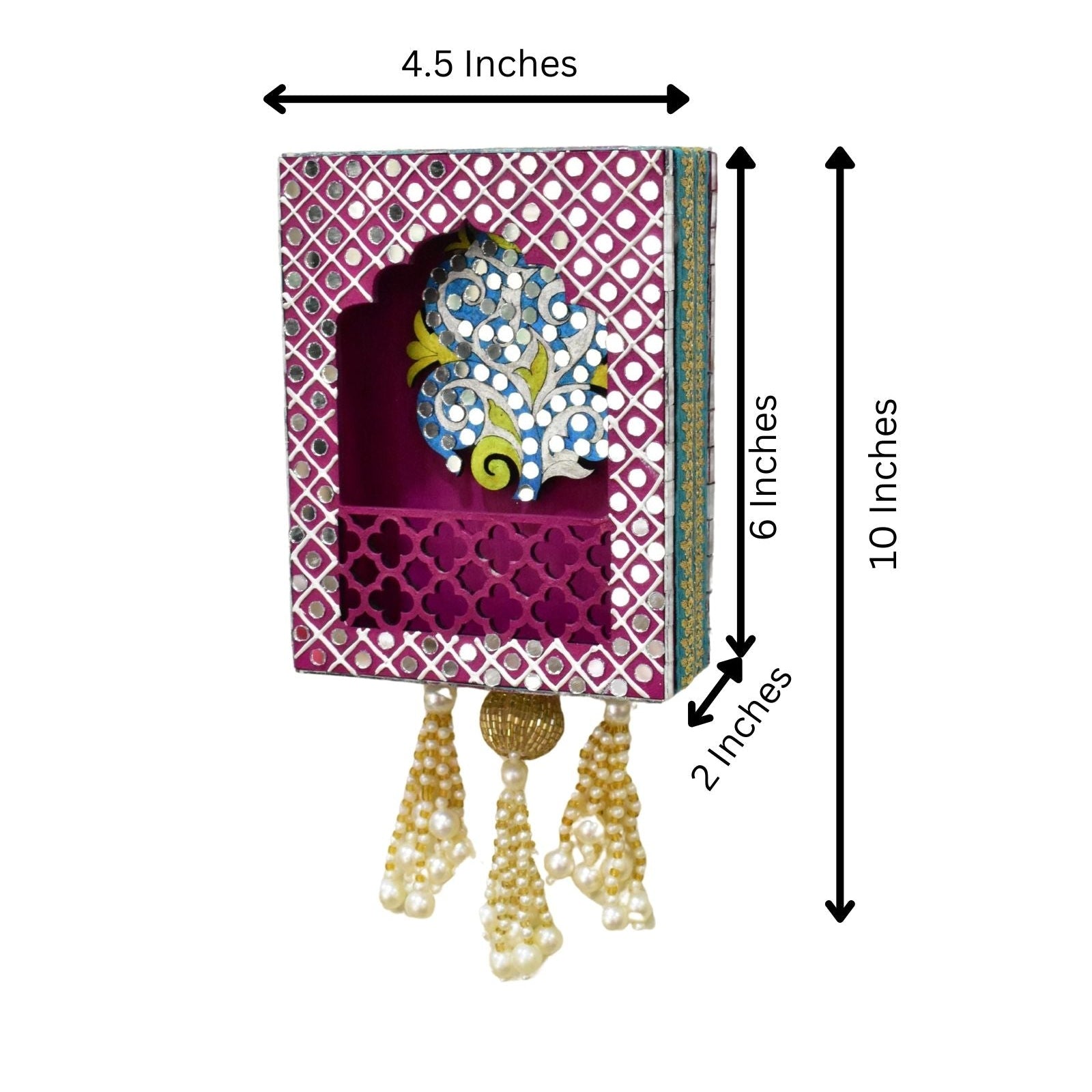 Decorative wall hook with measurements on a white background