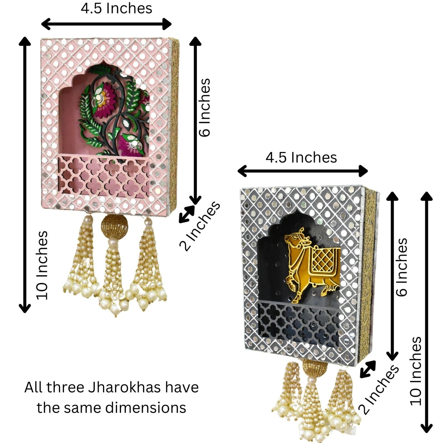Dimensions of three Jharokhas with decorative elements and tassels.