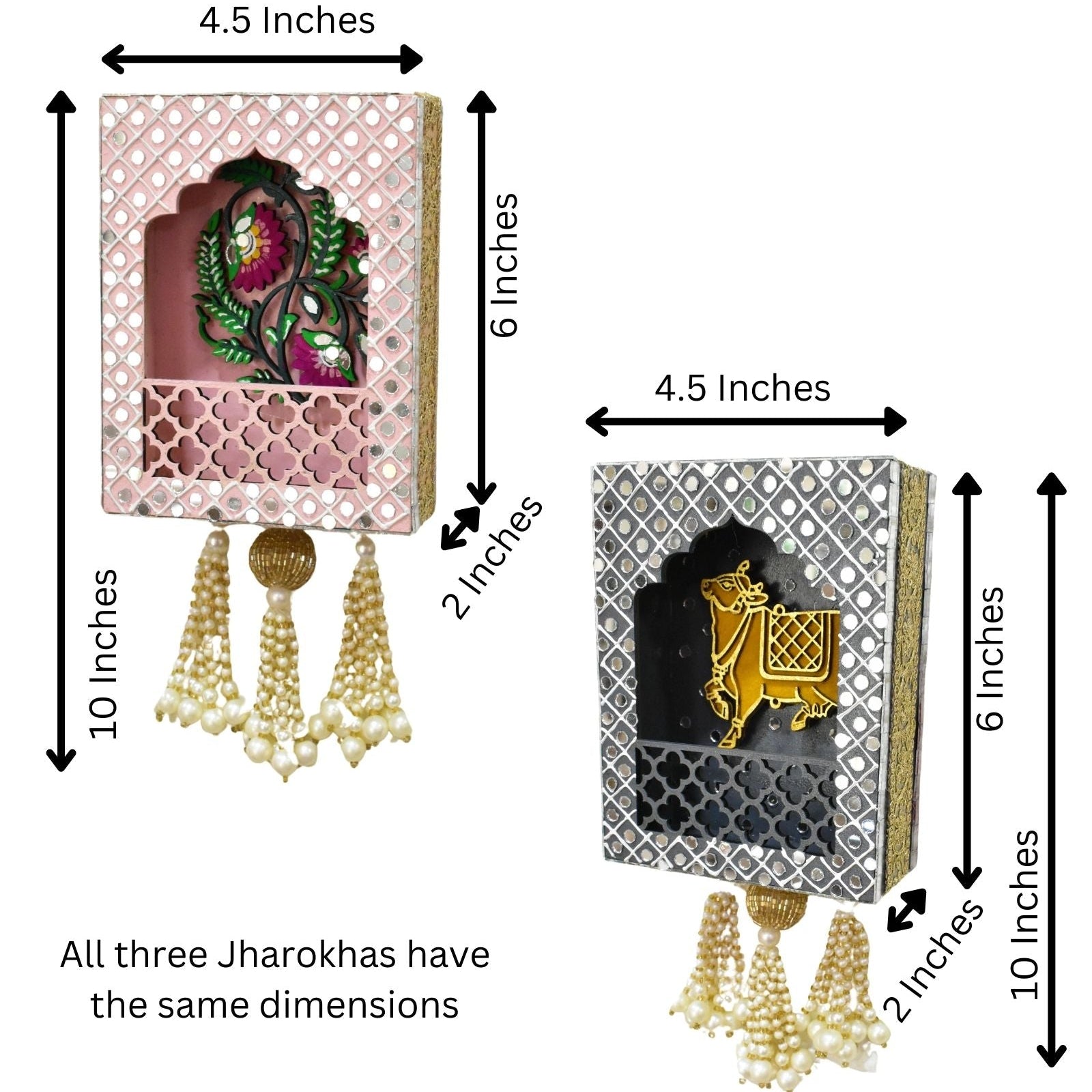 Dimensions of three Jharokhas with decorative elements and tassels.