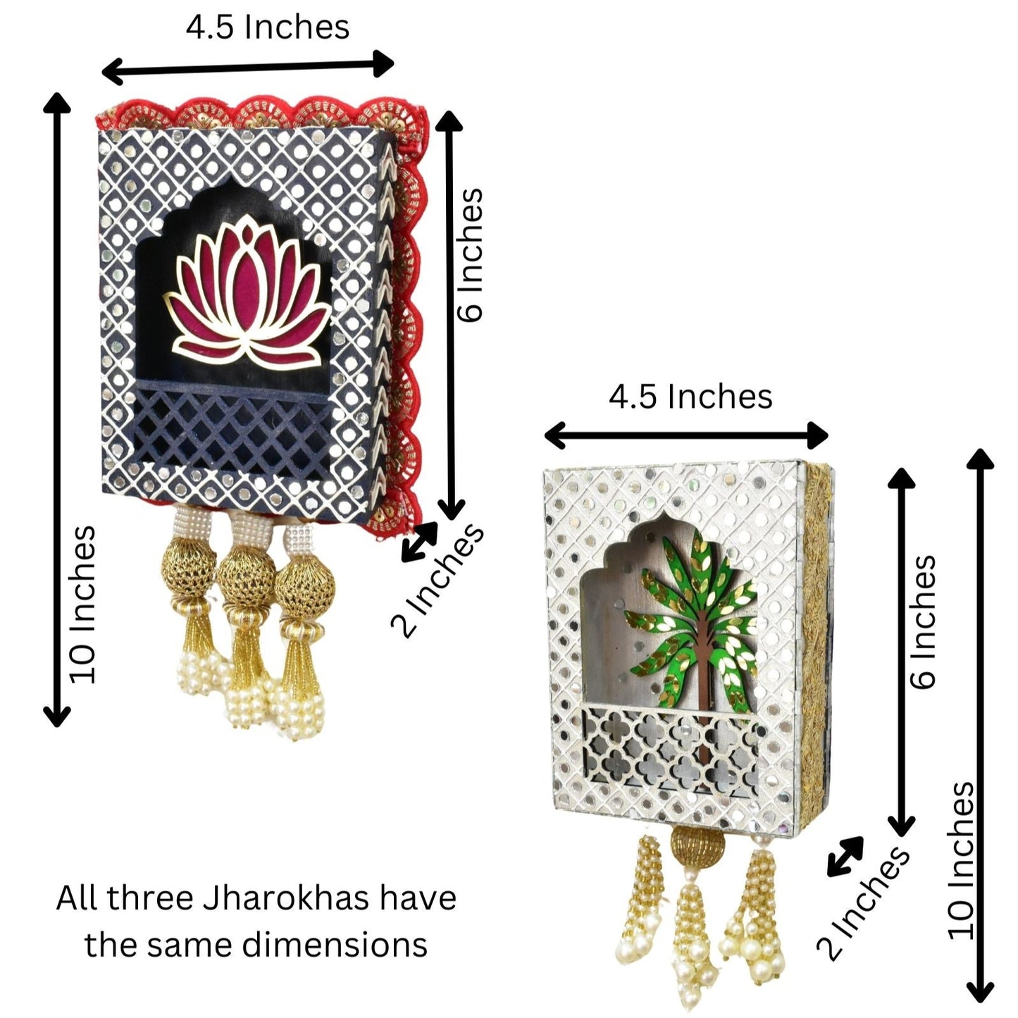 Dimensions of three decorative Jharokhas with floral and geometric designs.