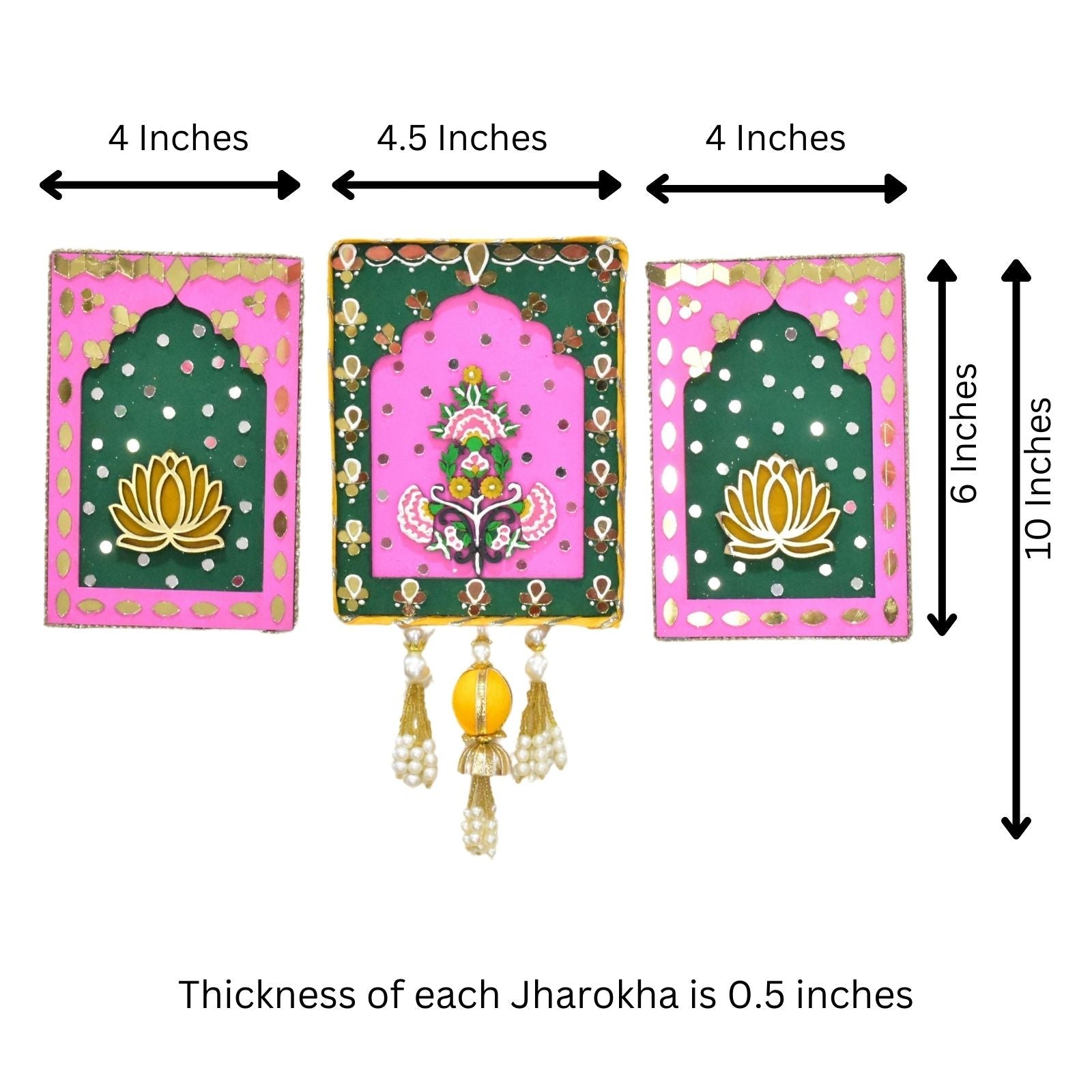 Three Jharokha with dimensions and thickness measurement on a white background
