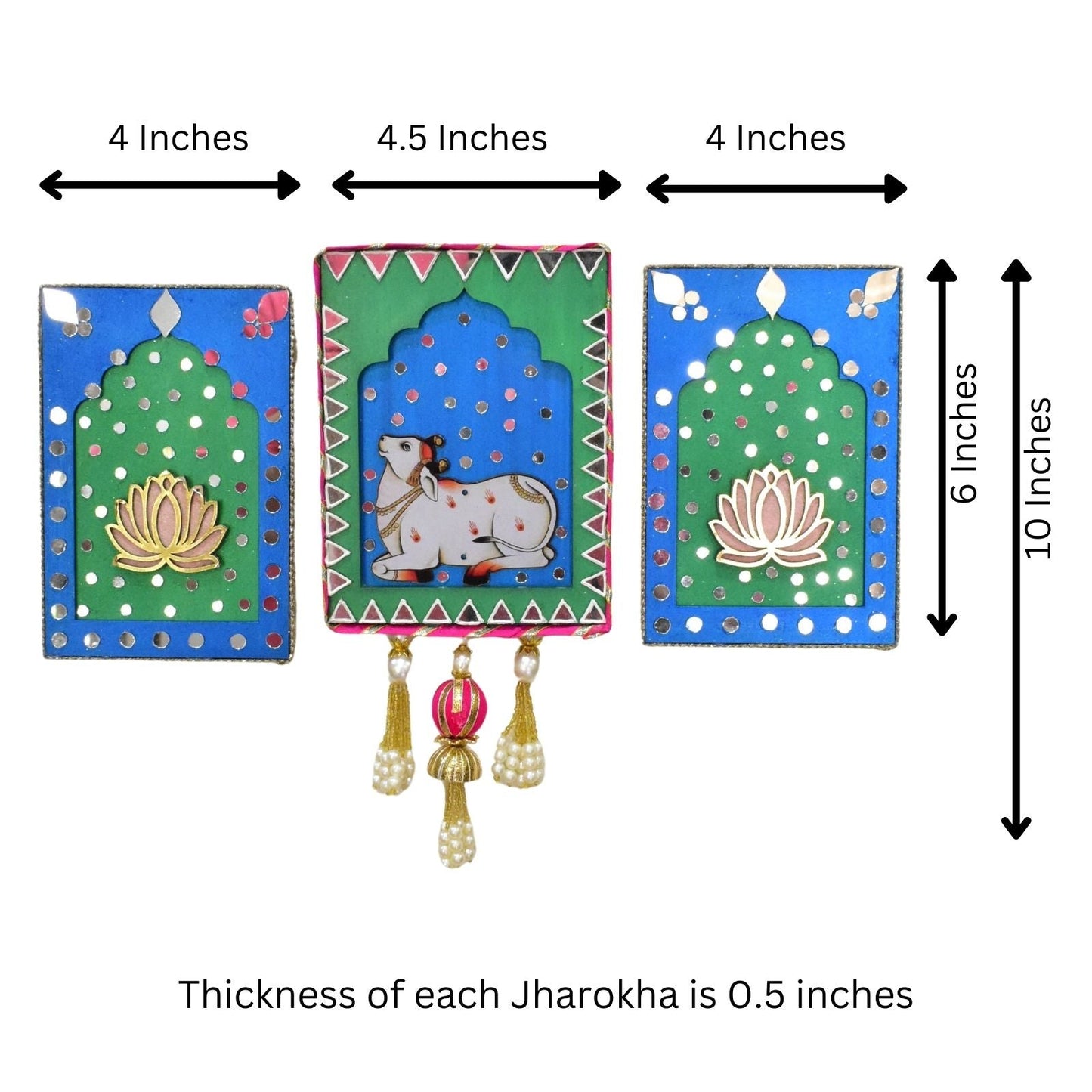 Three colorful Jharokha models with measurements and tassels on a white background