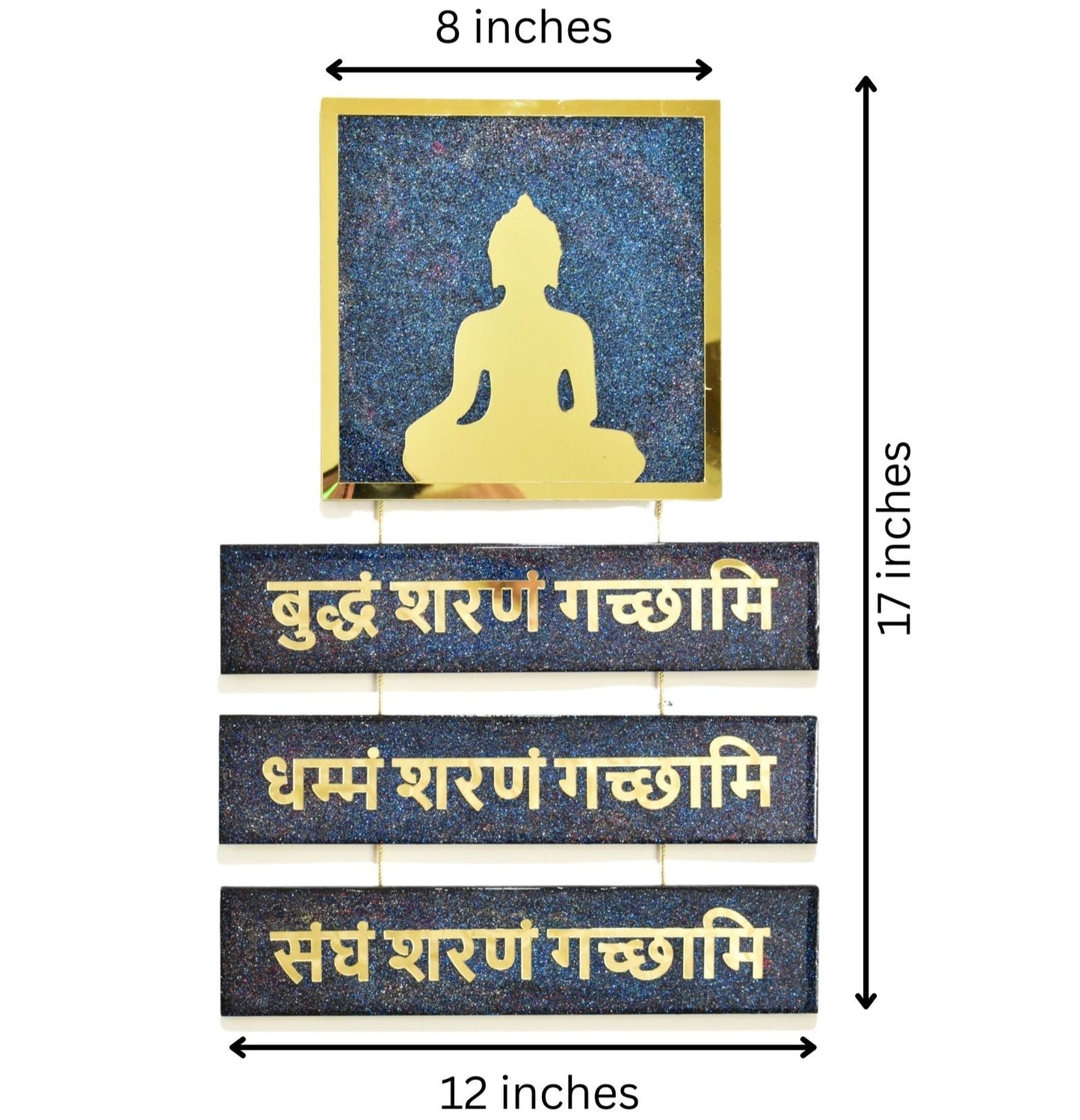 Decorative wall art with Buddha silhouette and Sanskrit text, shown with measurements.