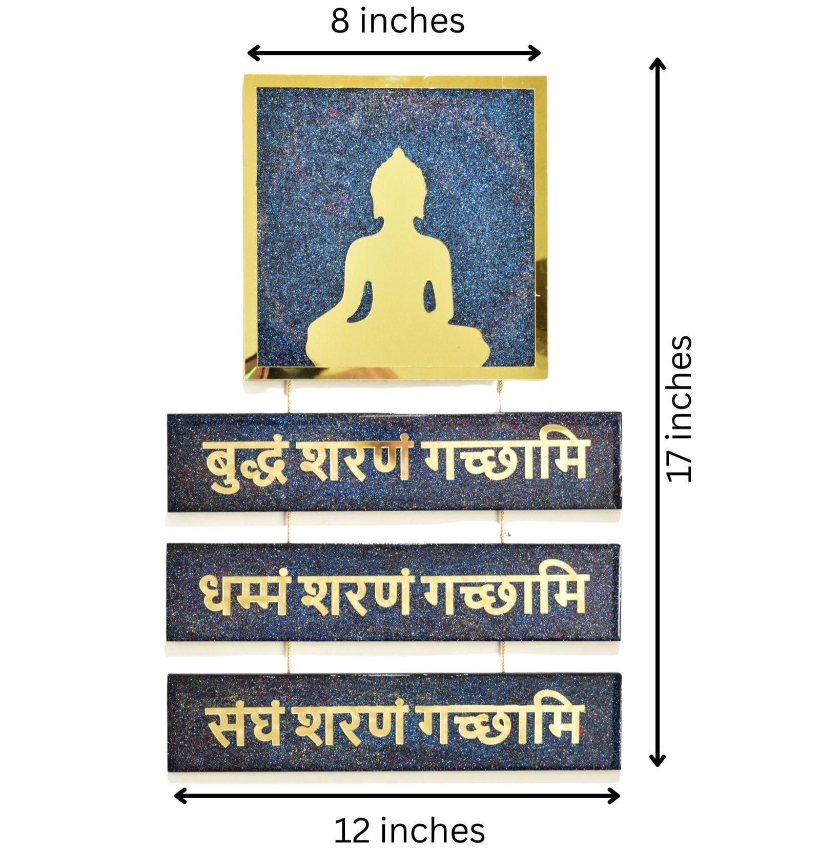 Decorative wall art with Buddha silhouette and Sanskrit text, shown with measurements.