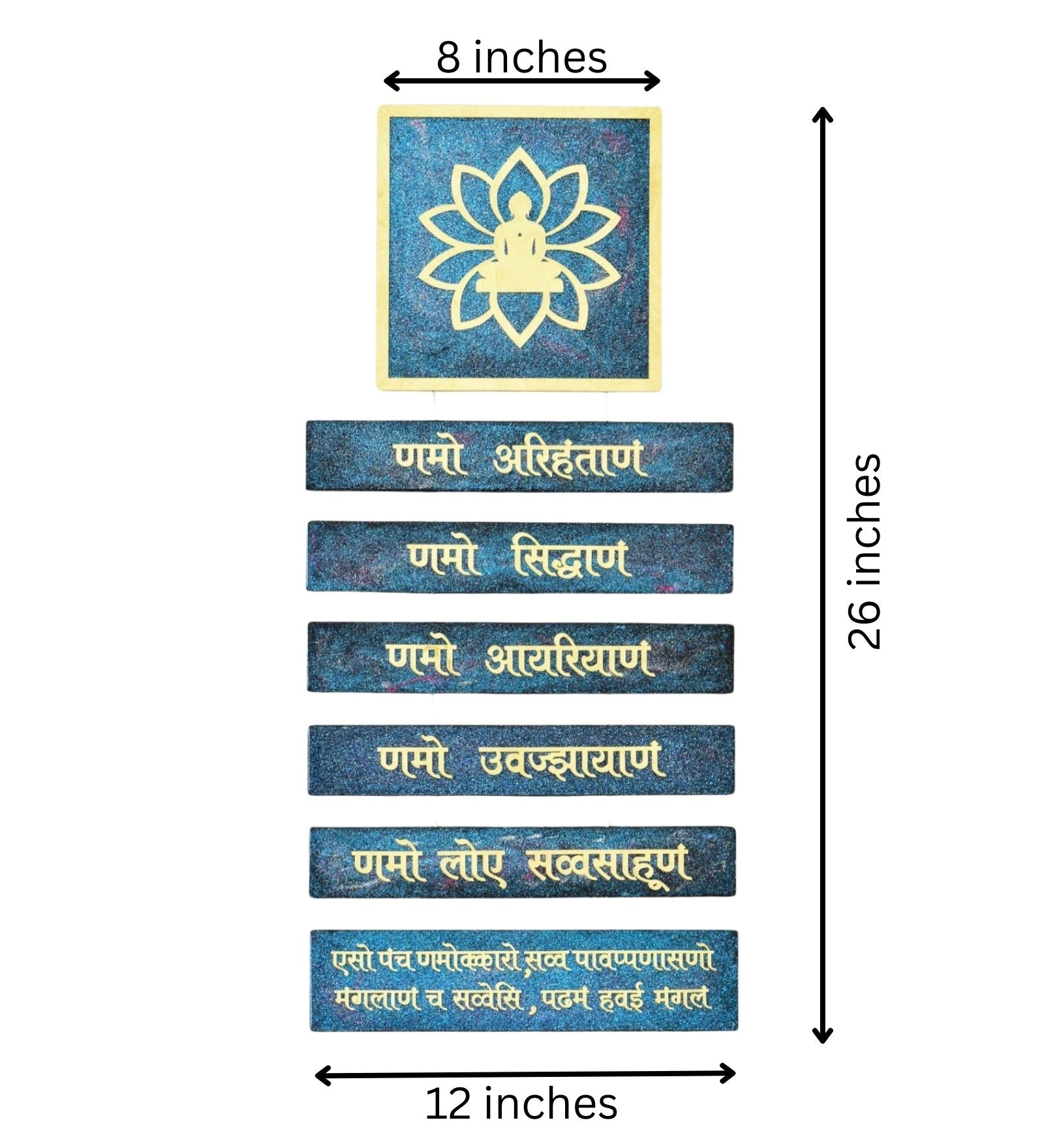 Set of blue and gold Jain religious symbols with measurements on a white background