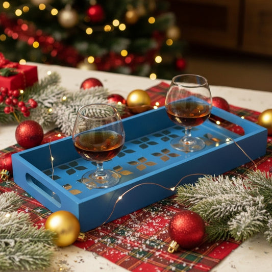 Handcrafted Blue Serving Tray with Mirror Inlay – Resin Art Home Decor