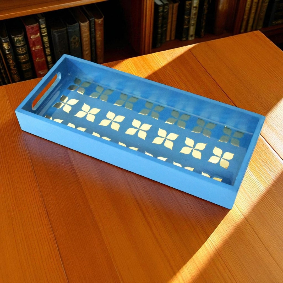 Handcrafted Blue Serving Tray with Mirror Inlay – Resin Art Home Decor