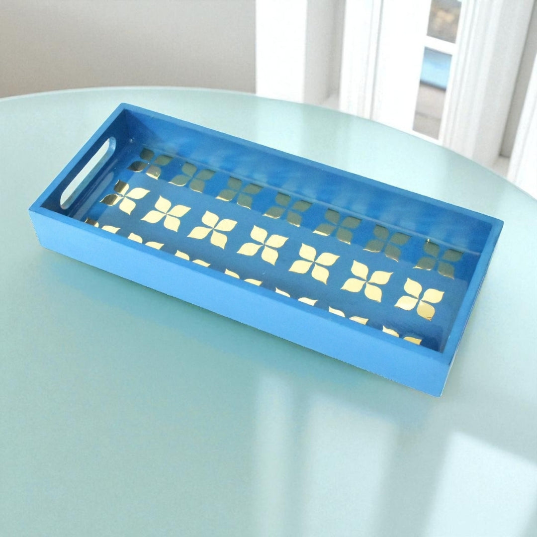 Handcrafted Blue Serving Tray with Mirror Inlay – Resin Art Home Decor