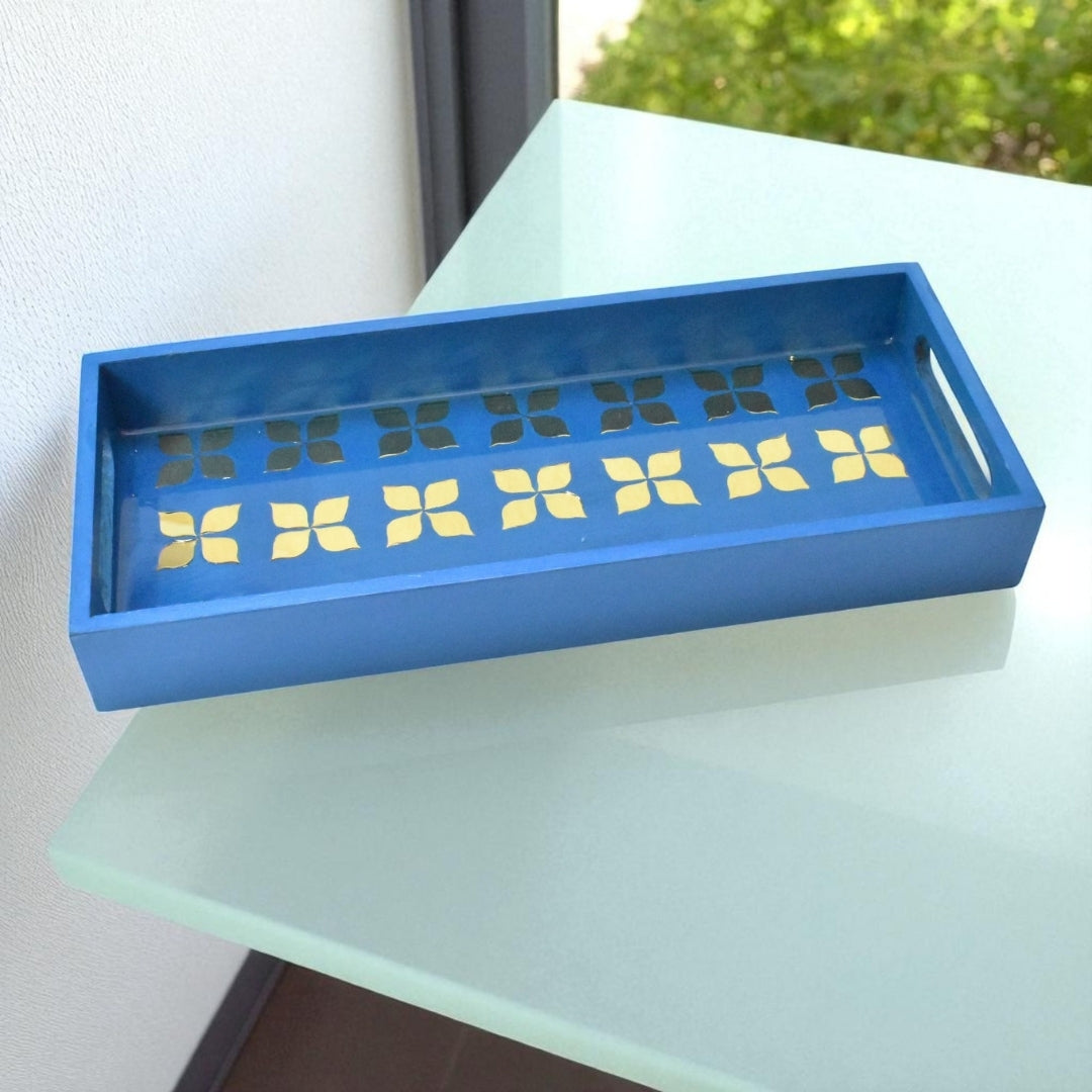 Handcrafted Blue Serving Tray with Mirror Inlay – Resin Art Home Decor