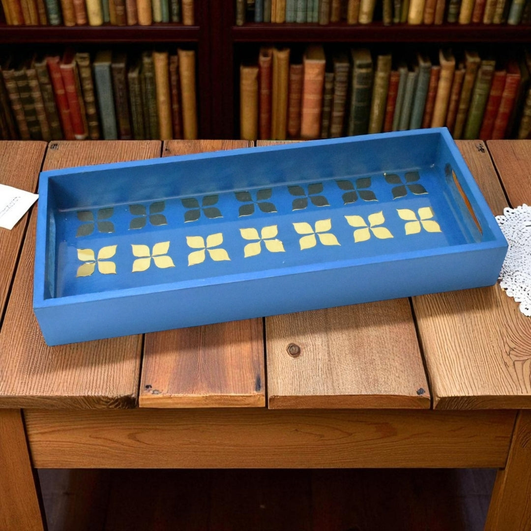 Handcrafted Blue Serving Tray with Mirror Inlay – Resin Art Home Decor