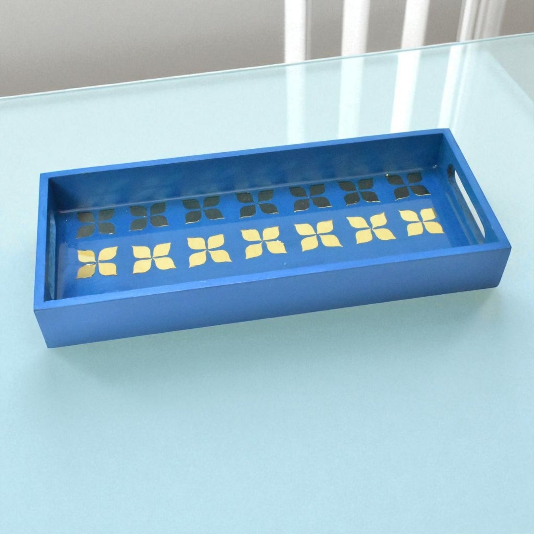 Handcrafted Blue Serving Tray with Mirror Inlay – Resin Art Home Decor