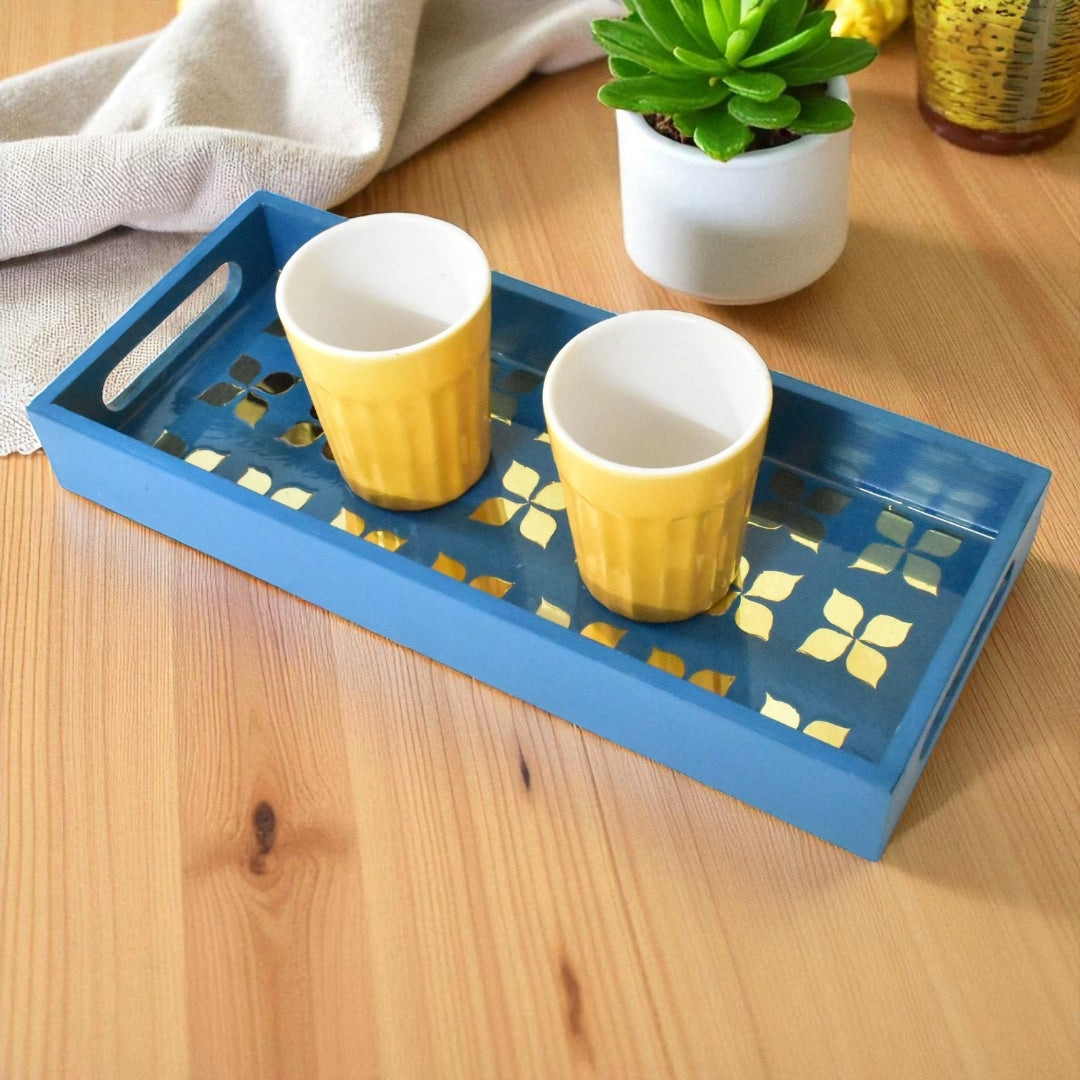 Handcrafted Blue Serving Tray with Mirror Inlay – Resin Art Home Decor