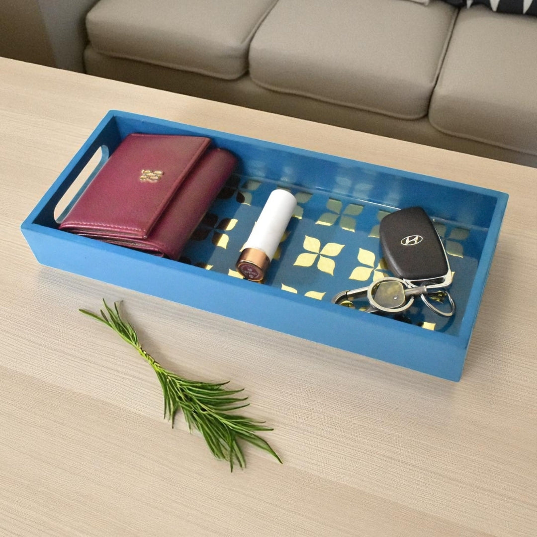 Handcrafted Blue Serving Tray with Mirror Inlay – Resin Art Home Decor