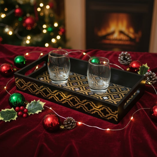 Black & Gold Wooden Tray – Premium Handmade Decor Piece