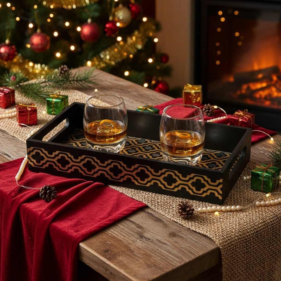 Black & Gold Wooden Tray – Premium Handmade Decor Piece