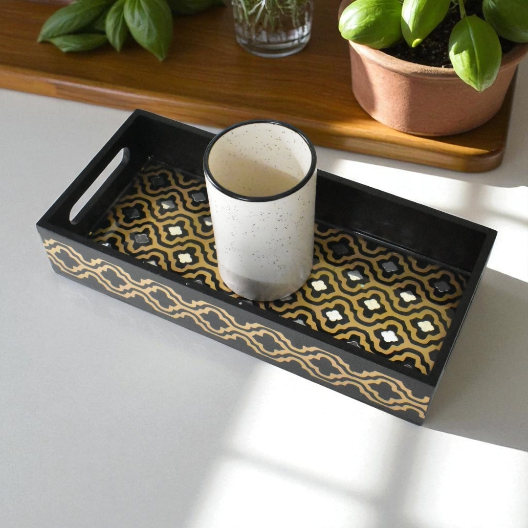 Black & Gold Wooden Tray – Premium Handmade Decor Piece