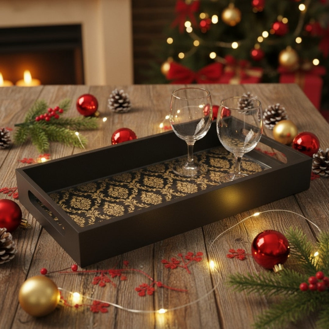 Handcrafted Black & Gold Floral Wooden Tray | Handmade Indian Tray